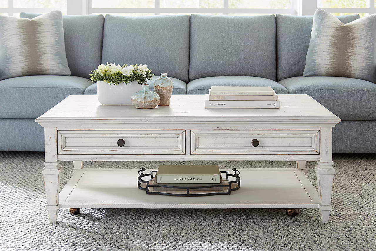 The Beckley rectangular coffee table in Alabaster in room scene.